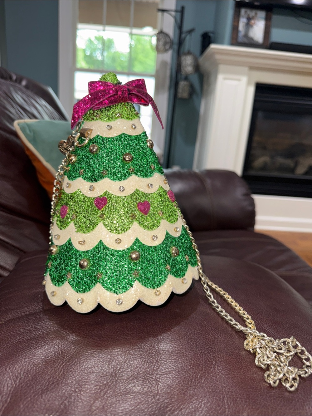 Betsey Johnson Green Glitter Christmas Tree Crossbody Bag with Pink Bow